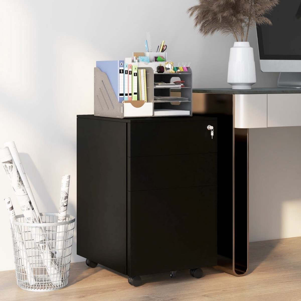 3-Drawer Vertical Filing Cabinet, Mobile with Lock and Wheels, Steel, Black