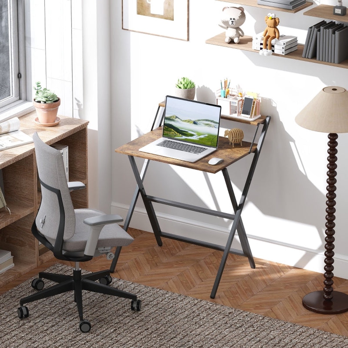 70 cm Folding Computer Desk with Monitor Shelf, Rustic Brown