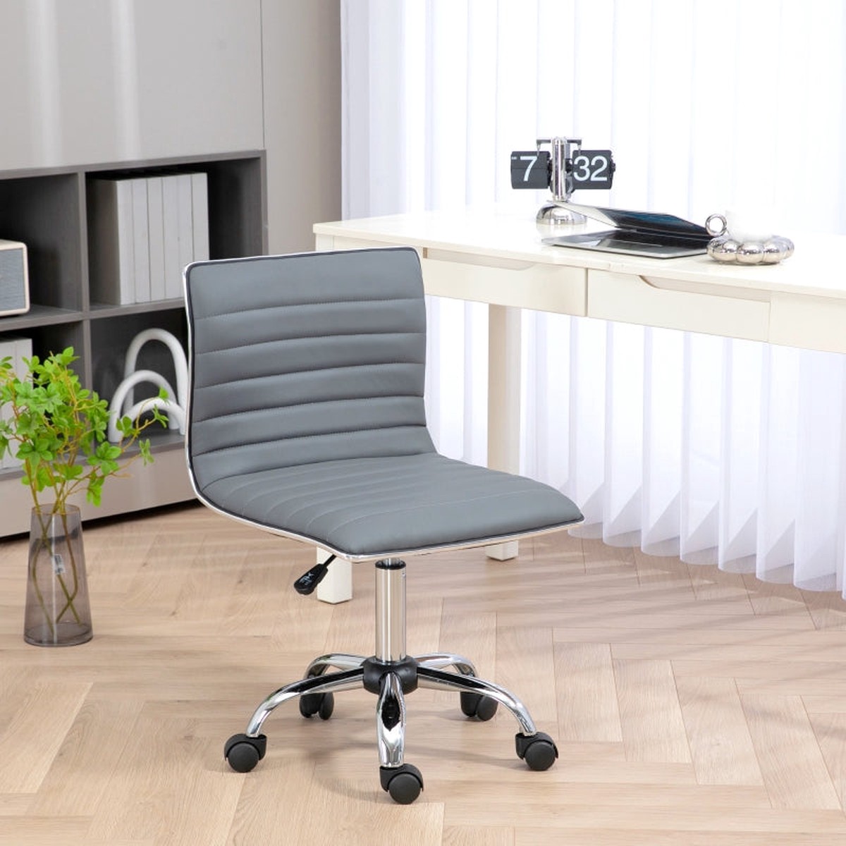 Adjustable Swivel Office Chair Armless Mid-Back PU Leather Light Grey