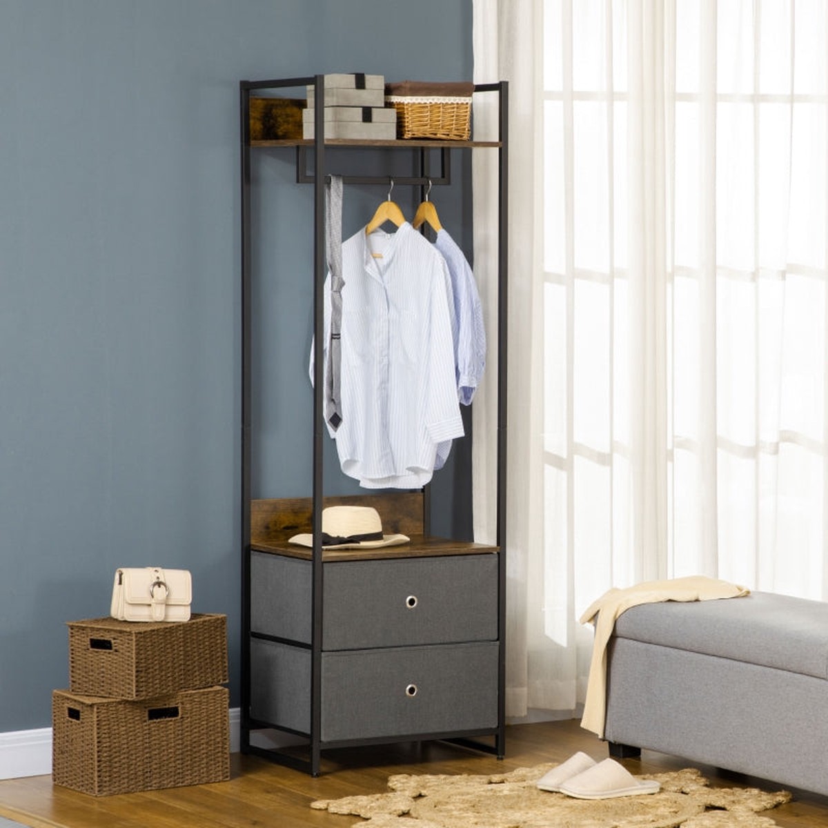 Clothes Rail Garment Rack with 2 Fabric Drawers, Rustic Brown and Grey