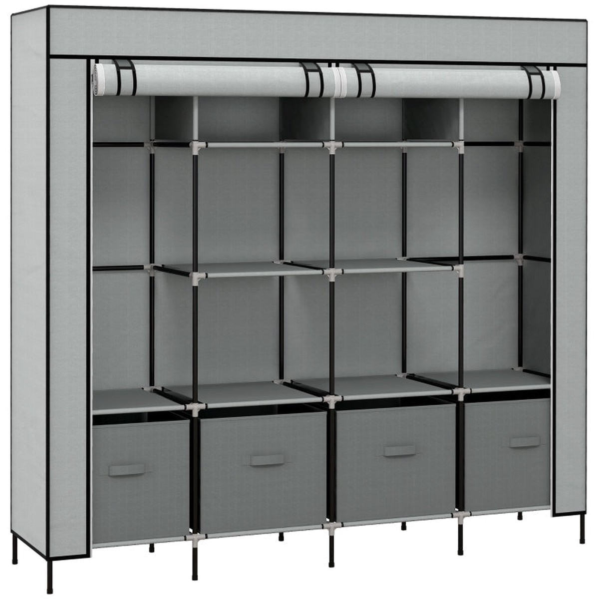 Fabric Wardrobe Portable 10 Compartments 2 Hanging Rails 4 Drawers Dark Grey