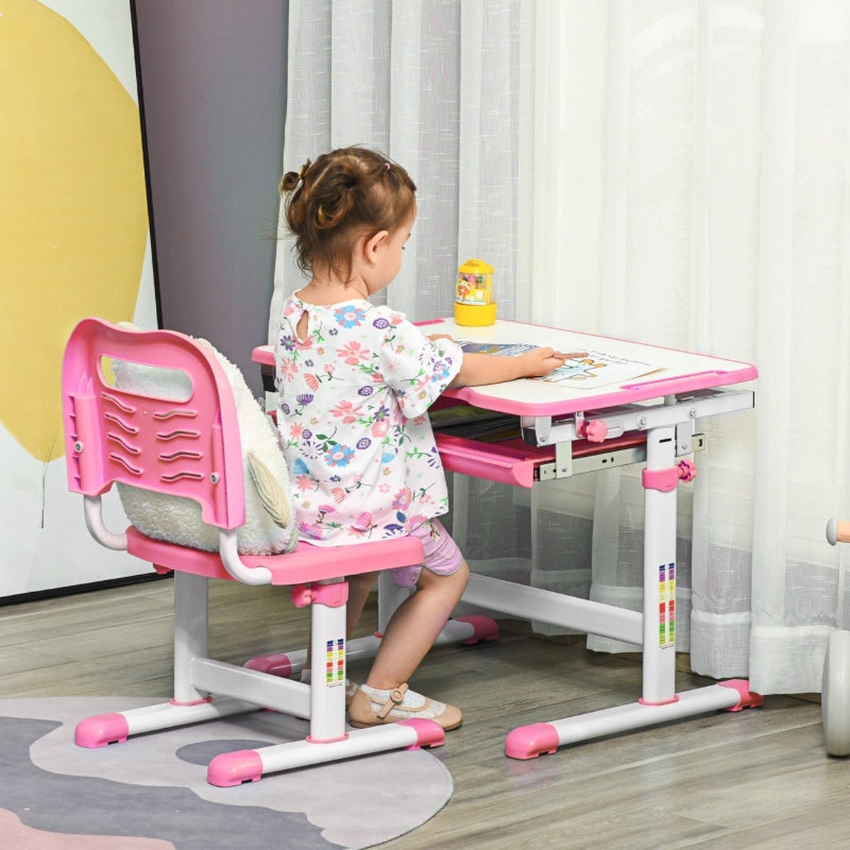 Kids Desk and Chair Set, Student Adjustable Writing Desk with Storage, Pink