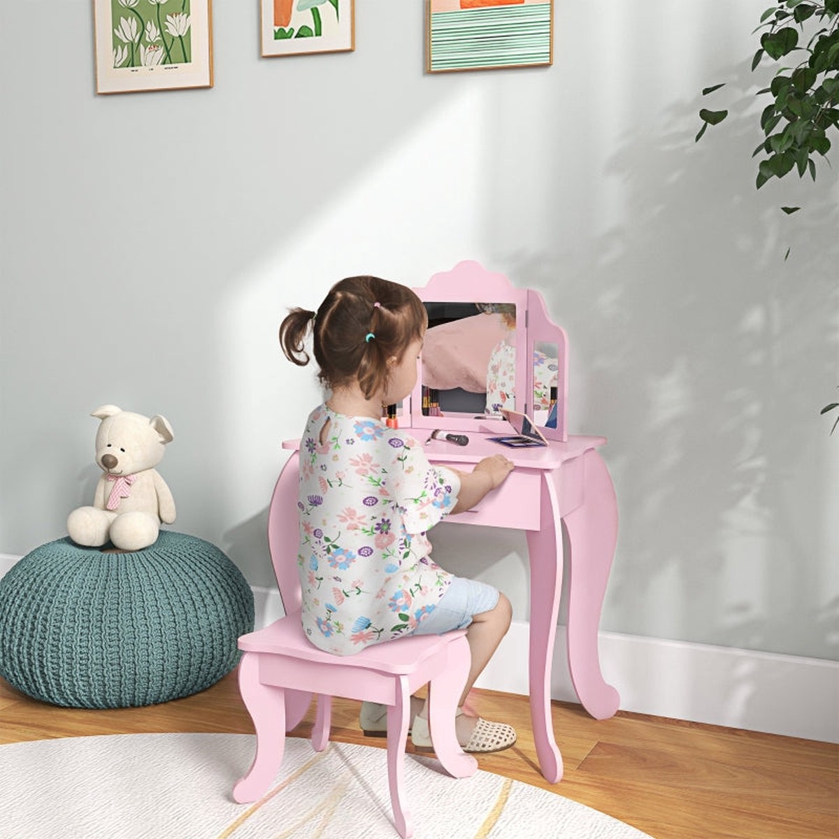 Kids Vanity Table and Chair Set with Tri-Folding Mirror, Stool, and Drawer, Pink