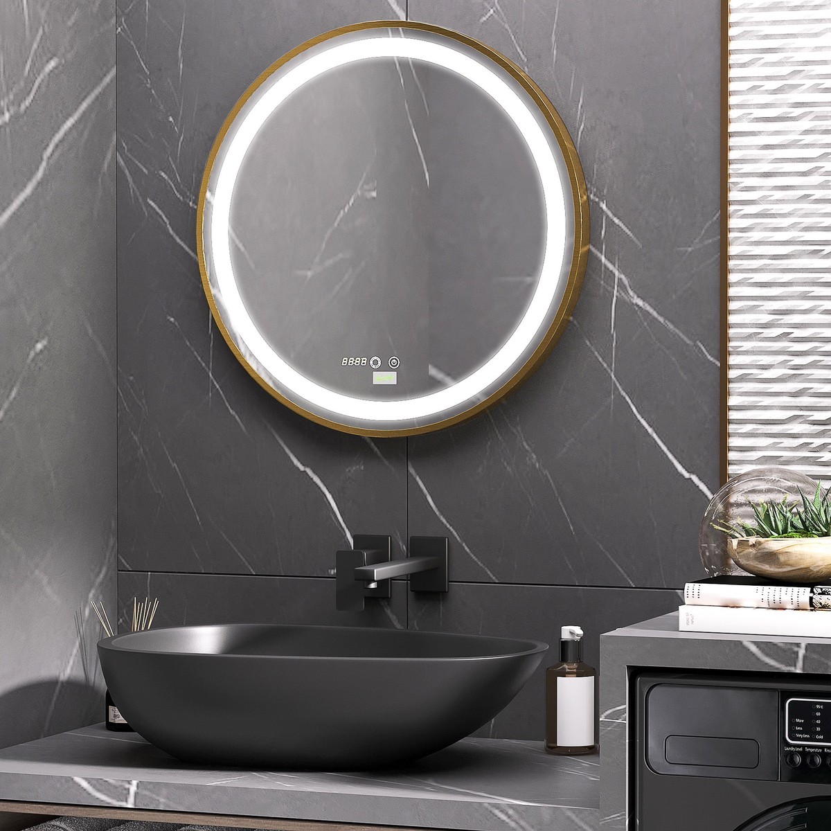 kleankin Dimmable Mirror with LED Light, 60x60cm, Aluminum Alloy