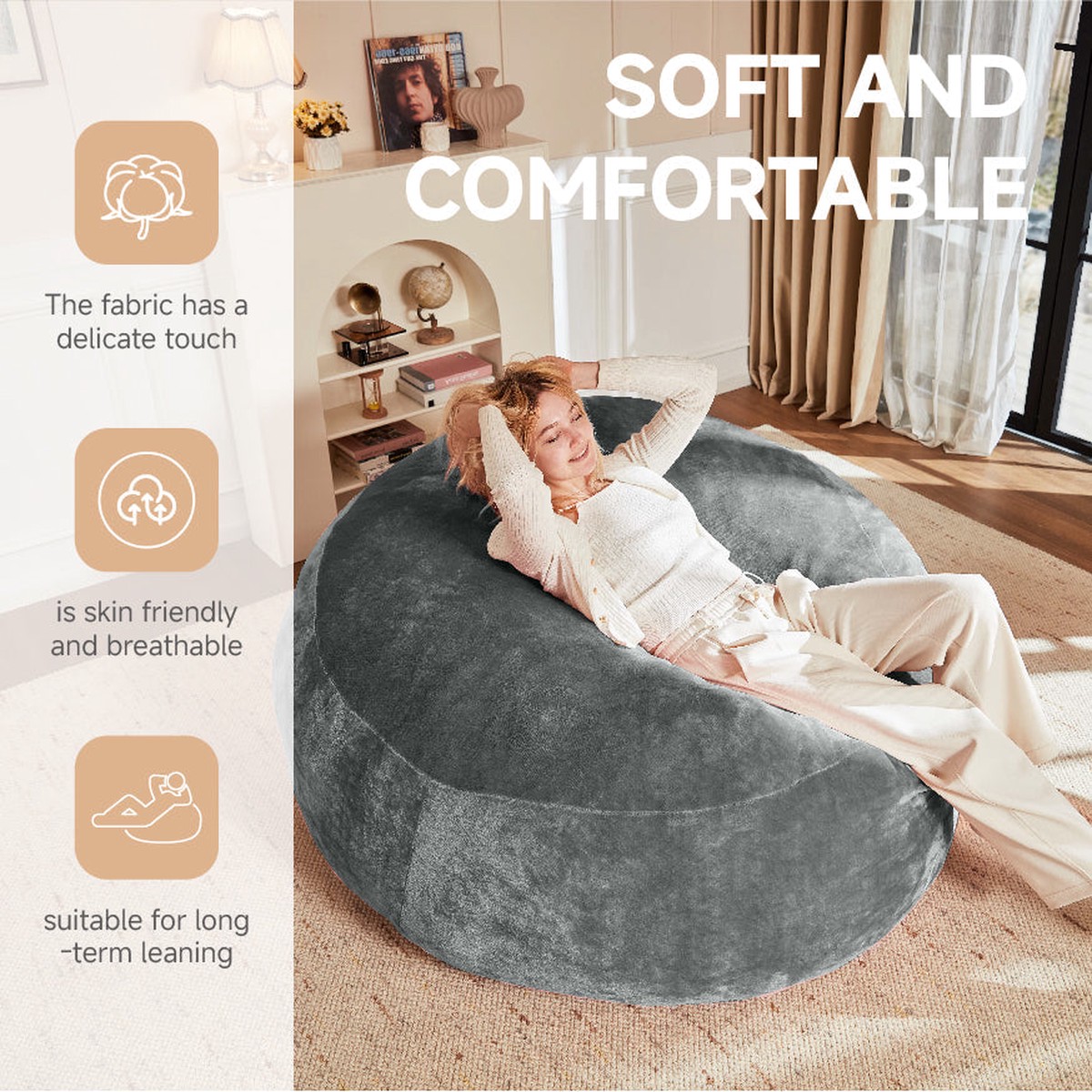 Large 6-Foot Bean Bag Sofa Chair Plush Reading Lounger Flannelette, Dark Gray