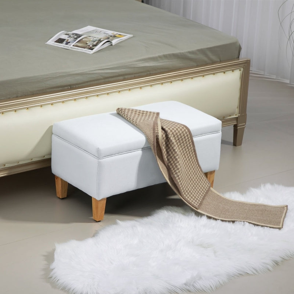 Linen Storage Ottoman Padded Footstool, Rubberwood Legs, Cream White