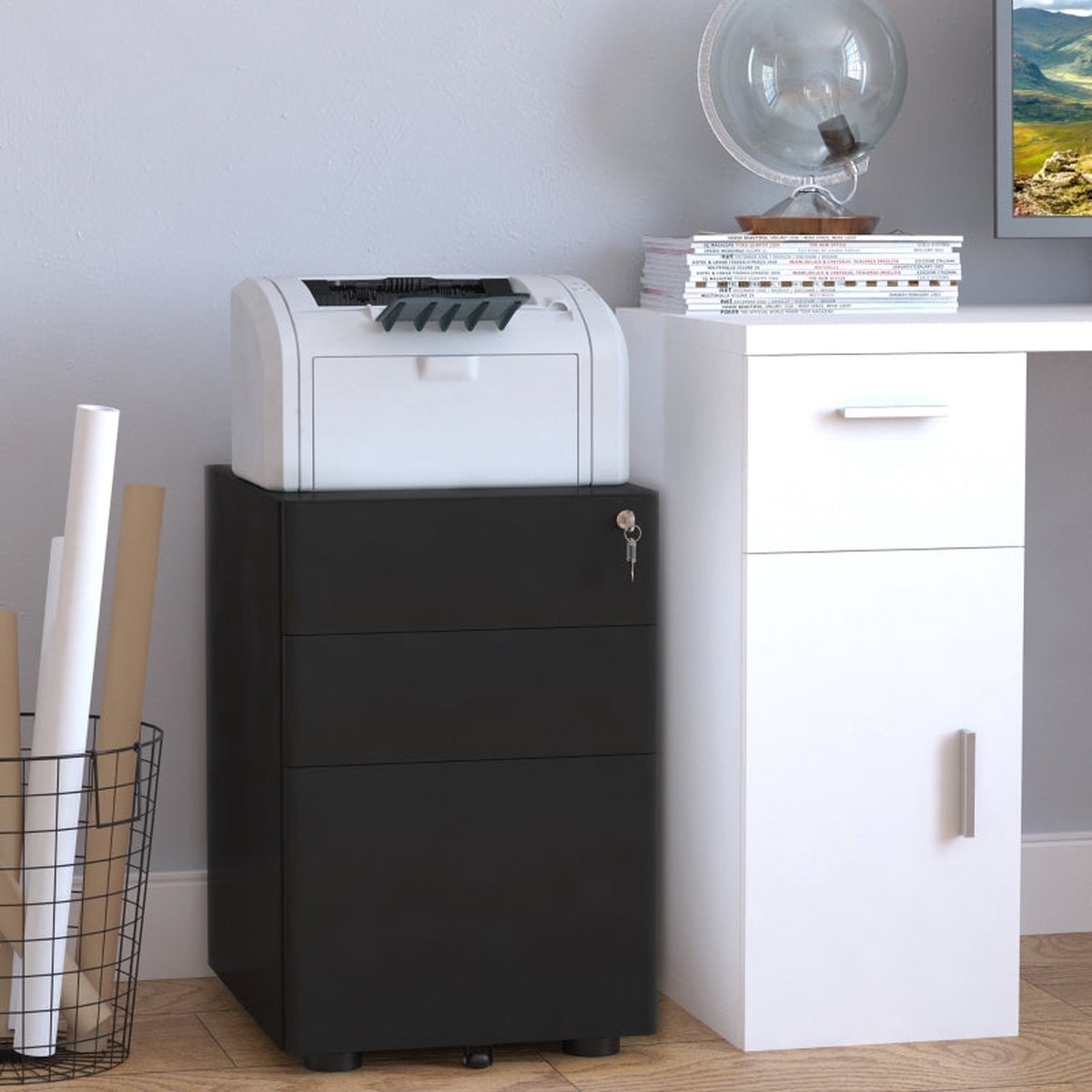 Lockable Cabinet, Rolling 3-Drawer Filing Unit for A4/Legal Files, Steel Black
