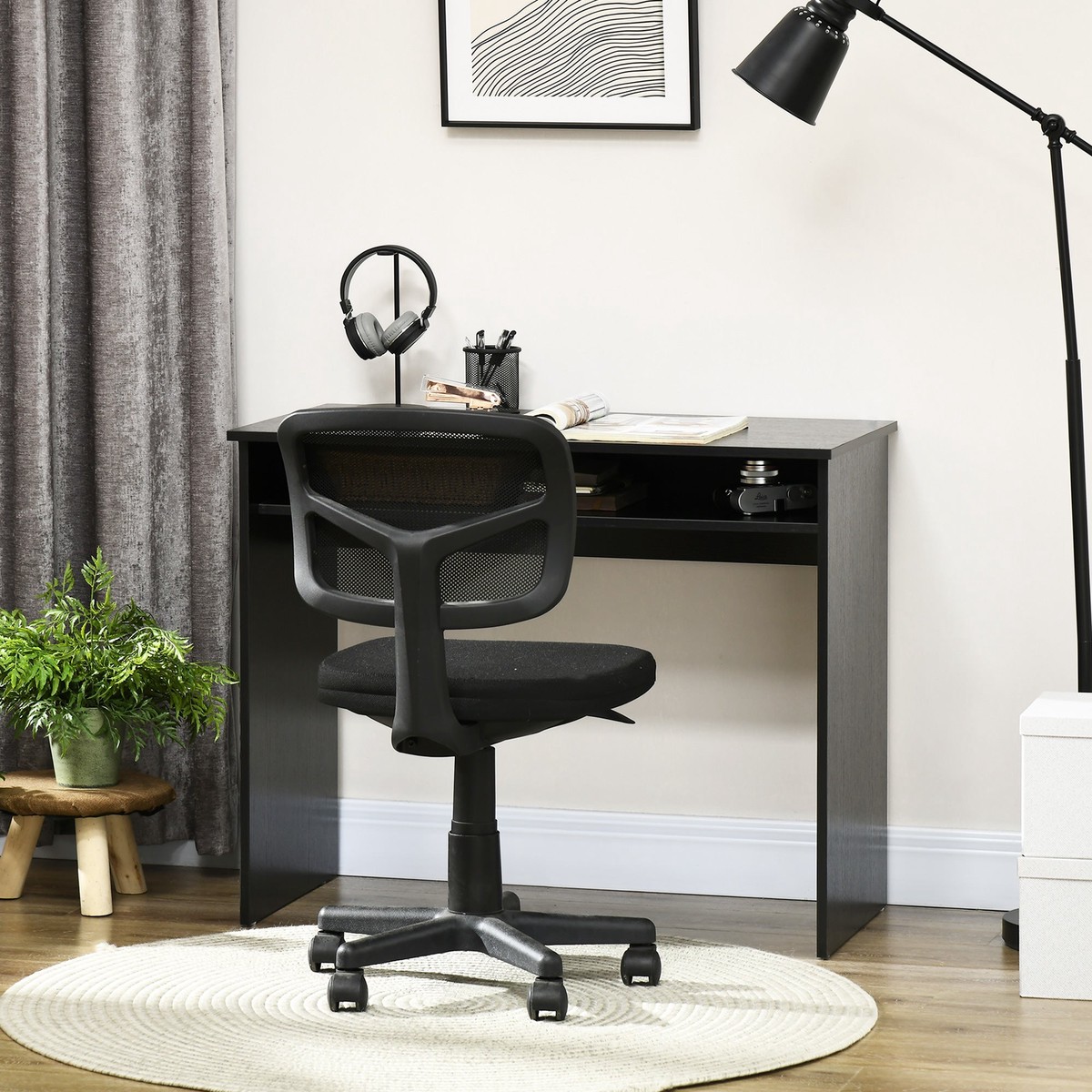 Modern Computer Desk Home Office Small Writing Desk with Storage Shelf Black Wood Grain