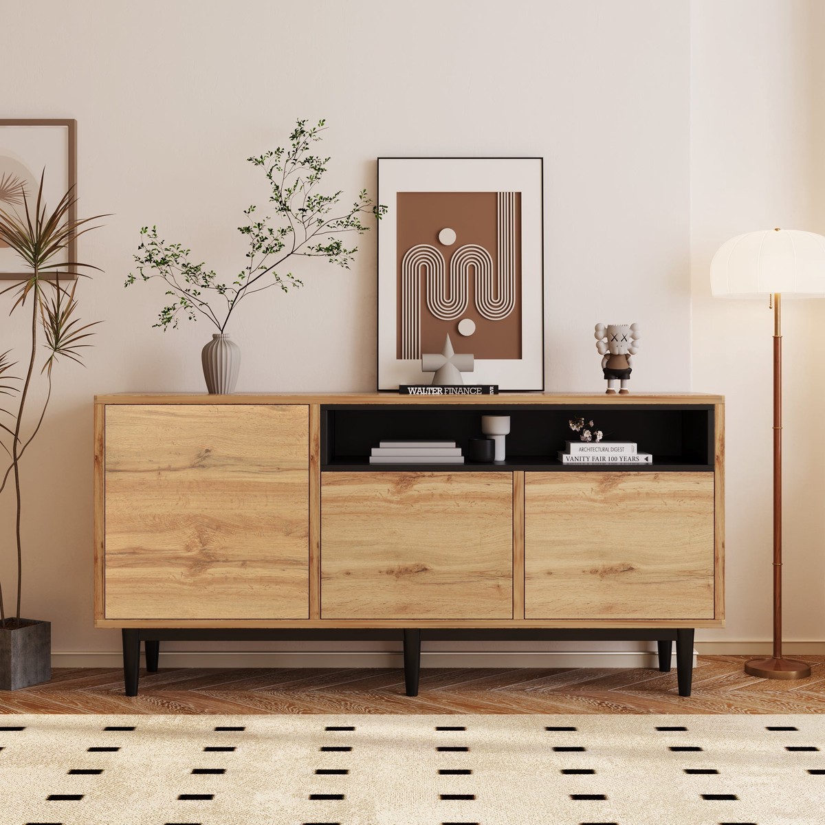 Modern Wooden Sideboard with Three Doors and Shelves, 160 x 35 x 76 cm, Wood