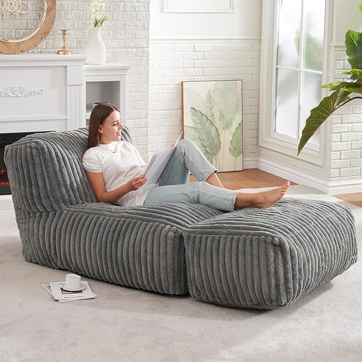 Modular Bean Bag Lounge Sofa w/ Ottoman, Ergonomic Support, Removable Cover, Corduroy