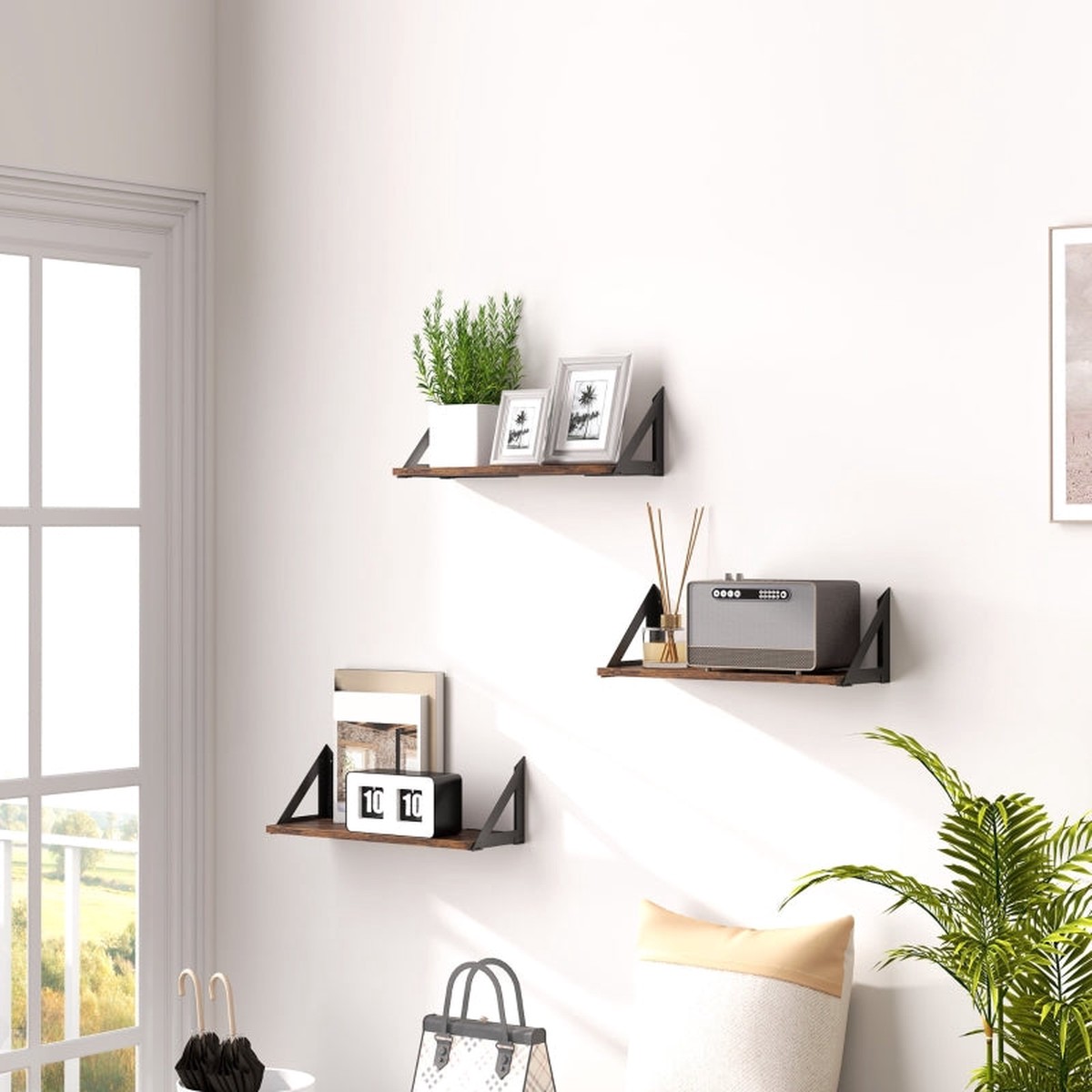 Set of 3 Wall Shelves, 43cm Vintage Wall Mounted Floating, Rustic Brown