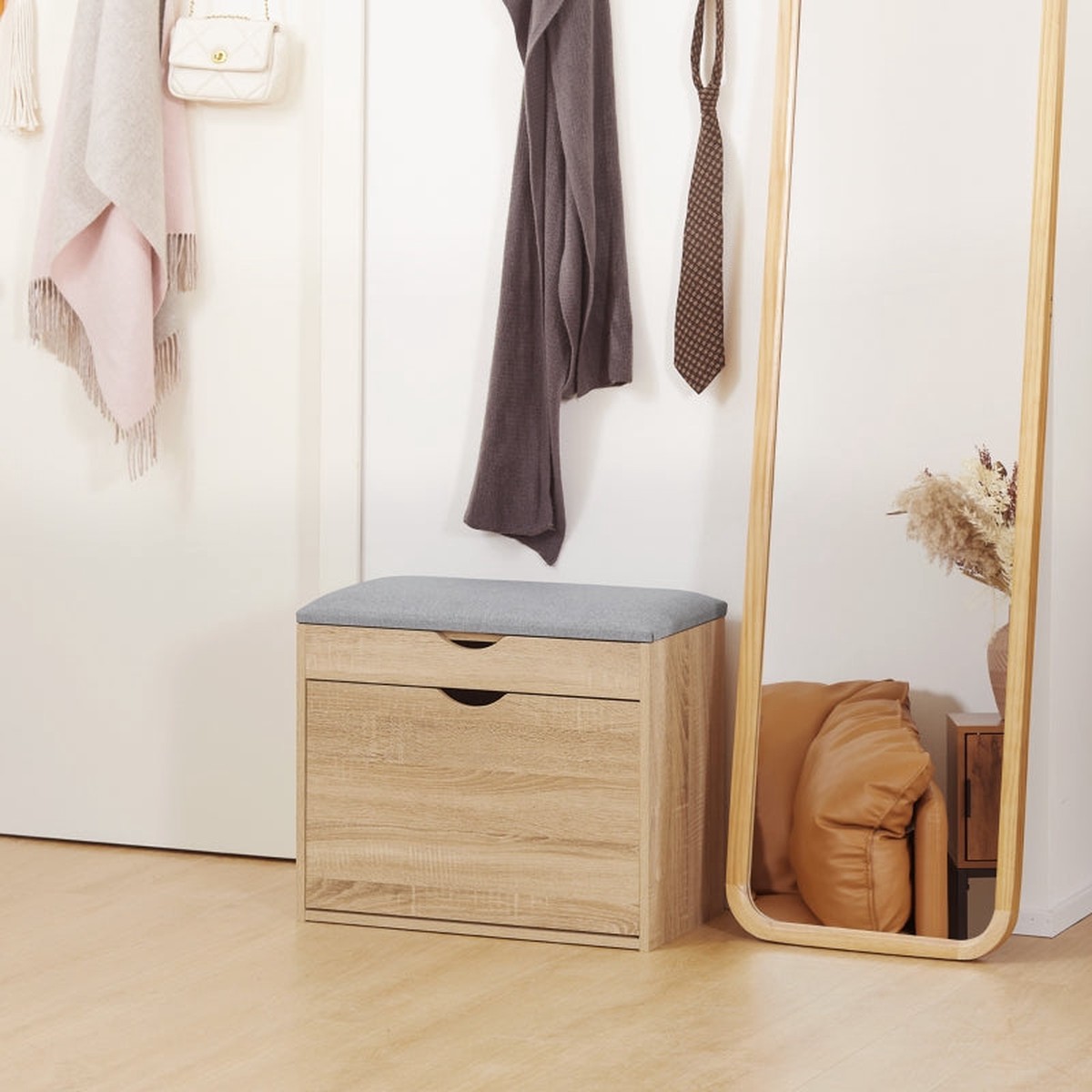 Shoe Bench with Cushion, Storage for 4 Pairs & Flip-up Cabinet, Natural Engineered Wood