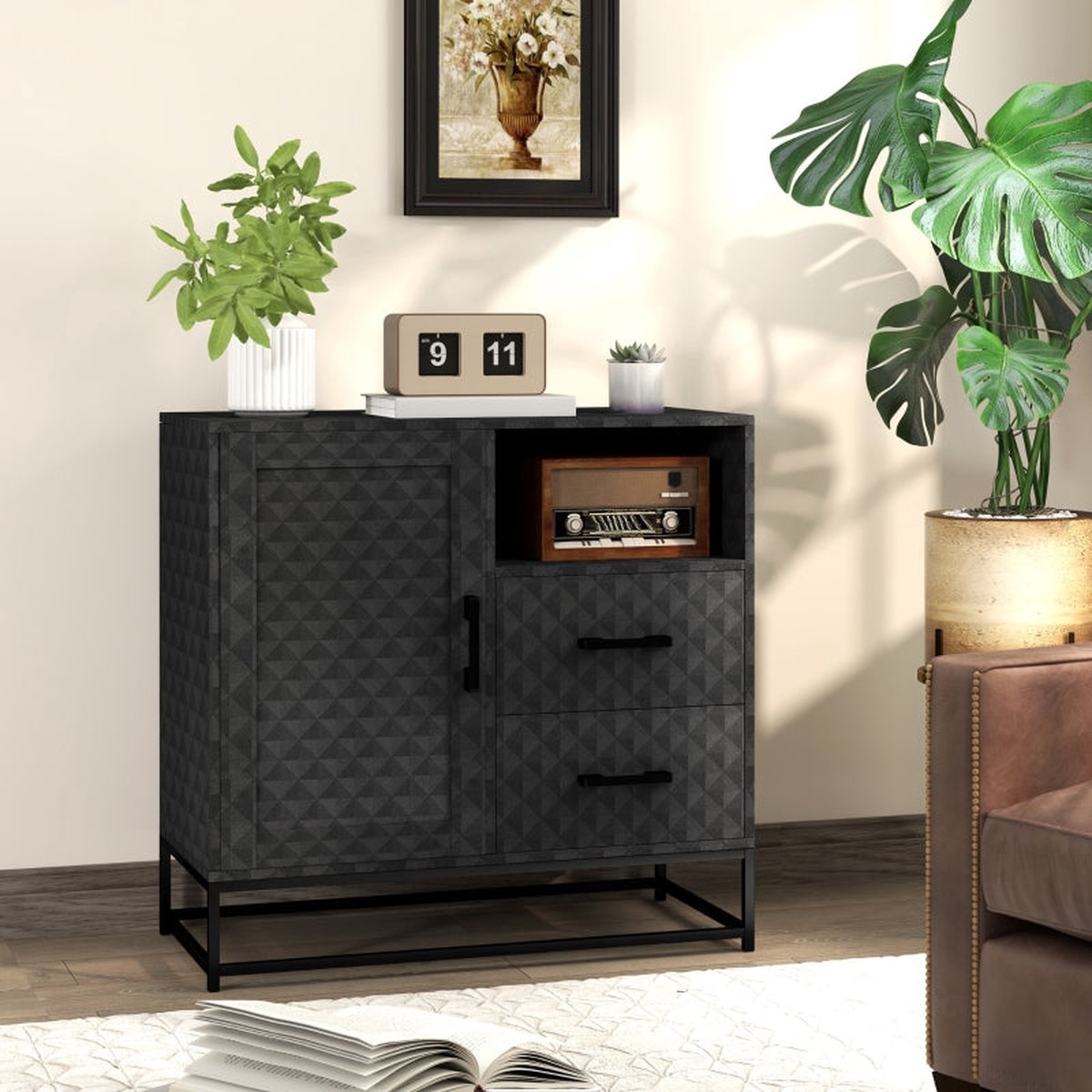 Sideboard Adjustable Shelf Freestanding Storage Cabinet Open Compartment 2 Drawers Black