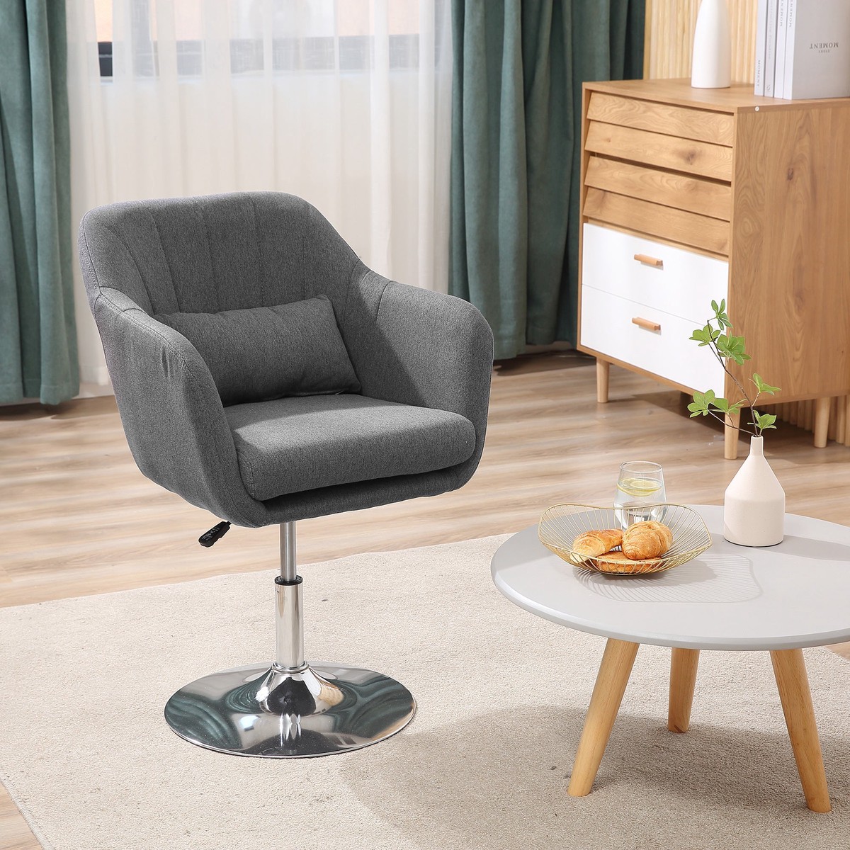 Swivel Accent Chair Adjustable Height Thick Cushion Dark Grey Linen Fabric