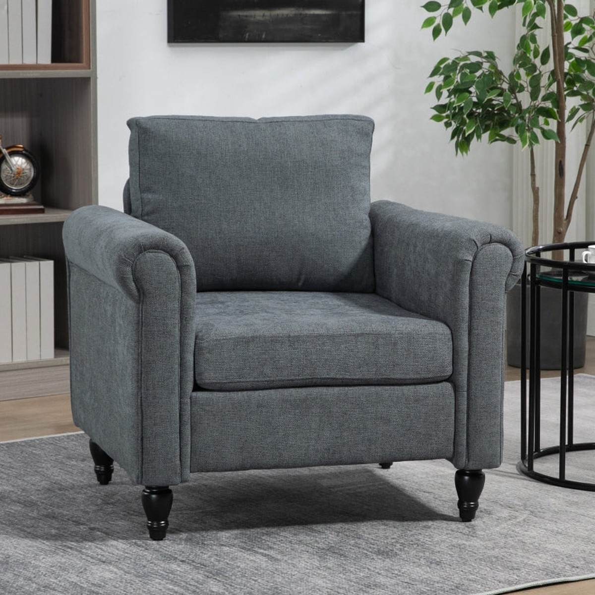 Vintage Accent Chair Upholstered Occasional Rolled Arms Rubber Wood Grey
