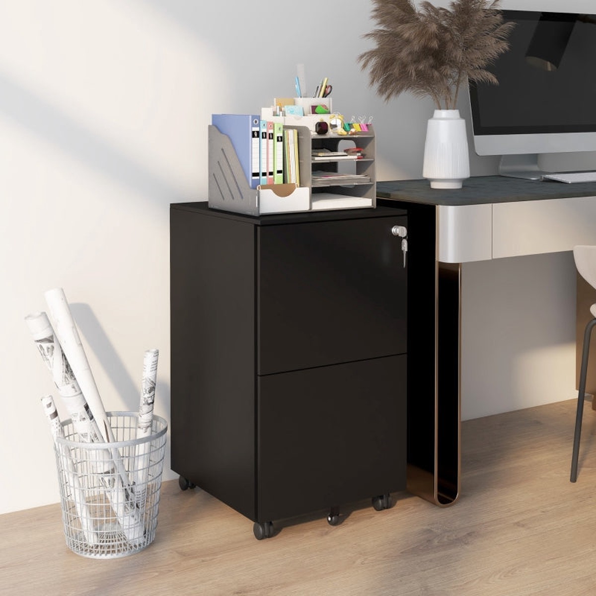 2-Drawer Vertical Filing Cabinet Mobile Lockable for A4, Legal, Letter Size, Steel Black