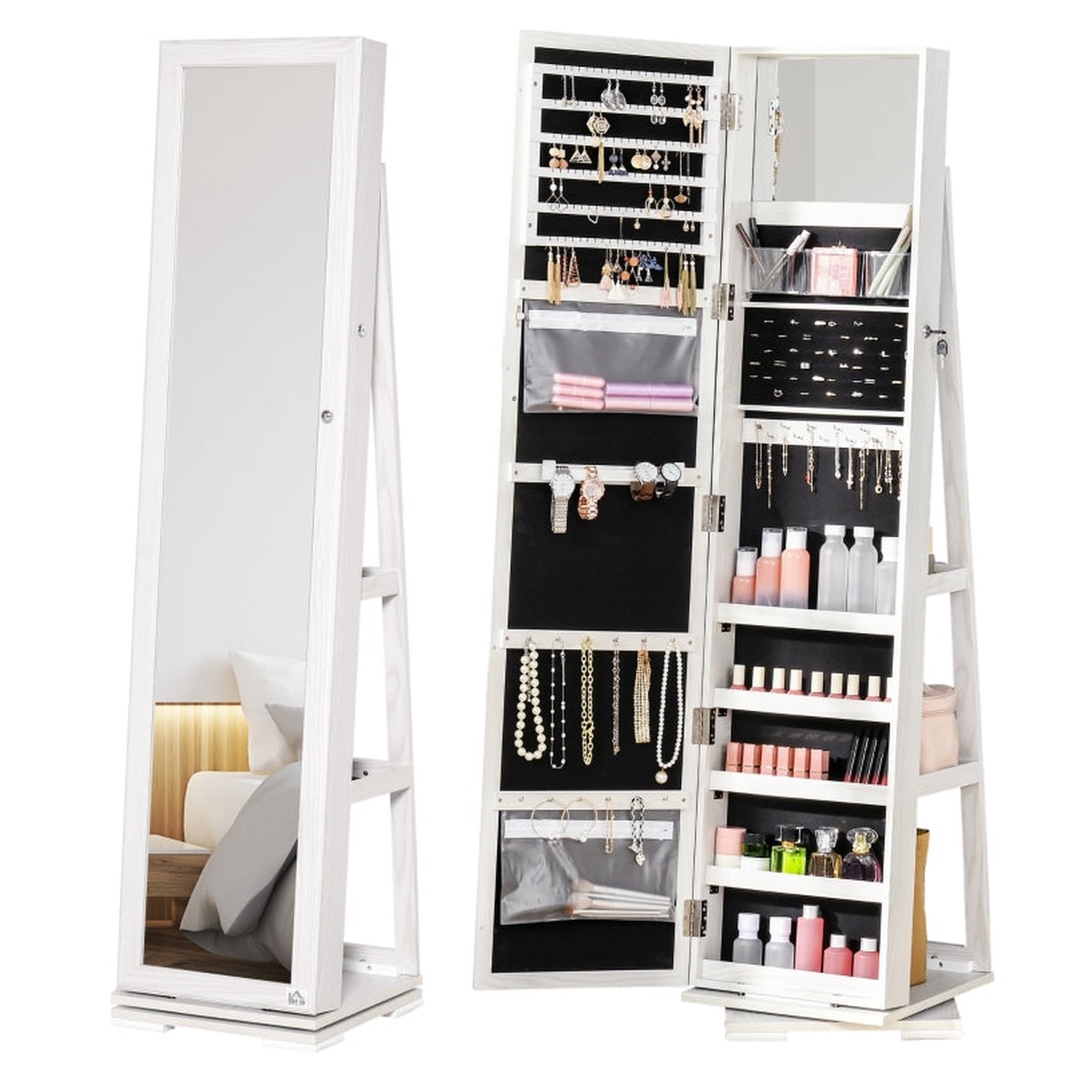 360 Swivel Jewellery Cabinet Full Length Mirror Lockable Storage, White