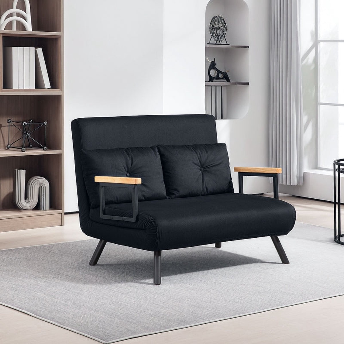 4-in-1 Double Sofa Bed, Convertible with Pillows, Velvet-Feel Black