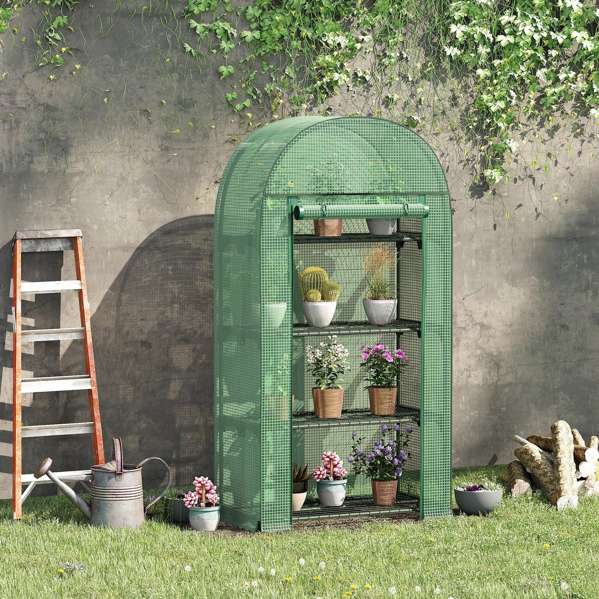 4 Tier Mini Greenhouse, Portable with Storage Shelf and Roll-Up Zipped Door, Green PE Cover