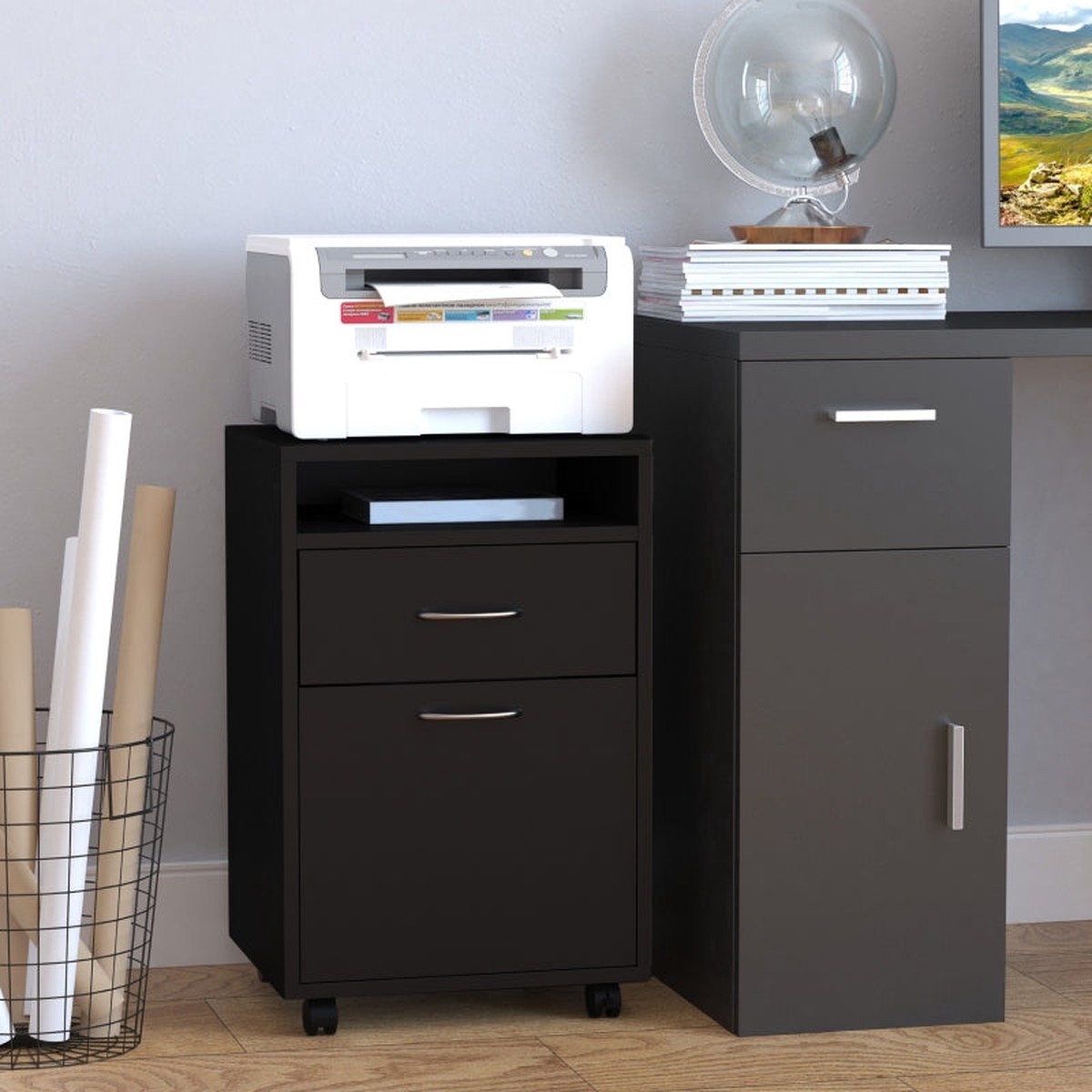 60cm Filing Cabinet, Drawer Open Shelf Mobile Wheels, Engineered Wood Black