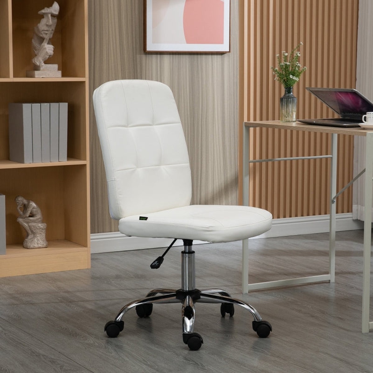 Armless Office Chair Adjustable Height Mid-back Faux Leather White