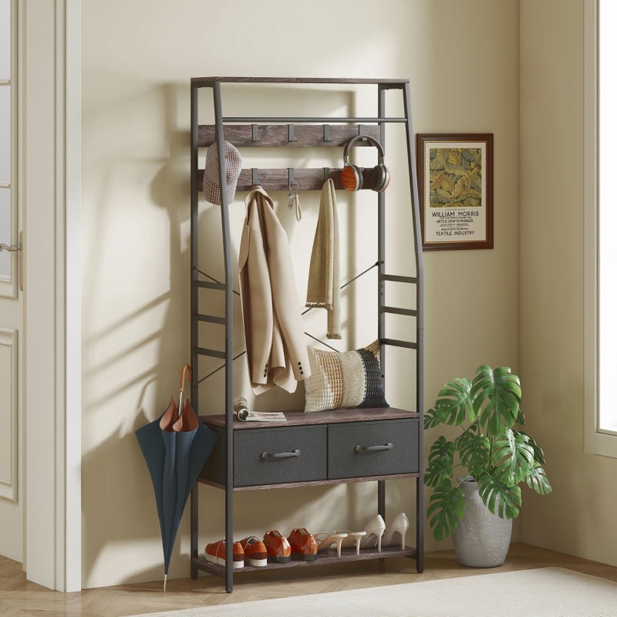 Coat Rack Hall Tree Industrial Shoe Bench 10 Hooks Grey