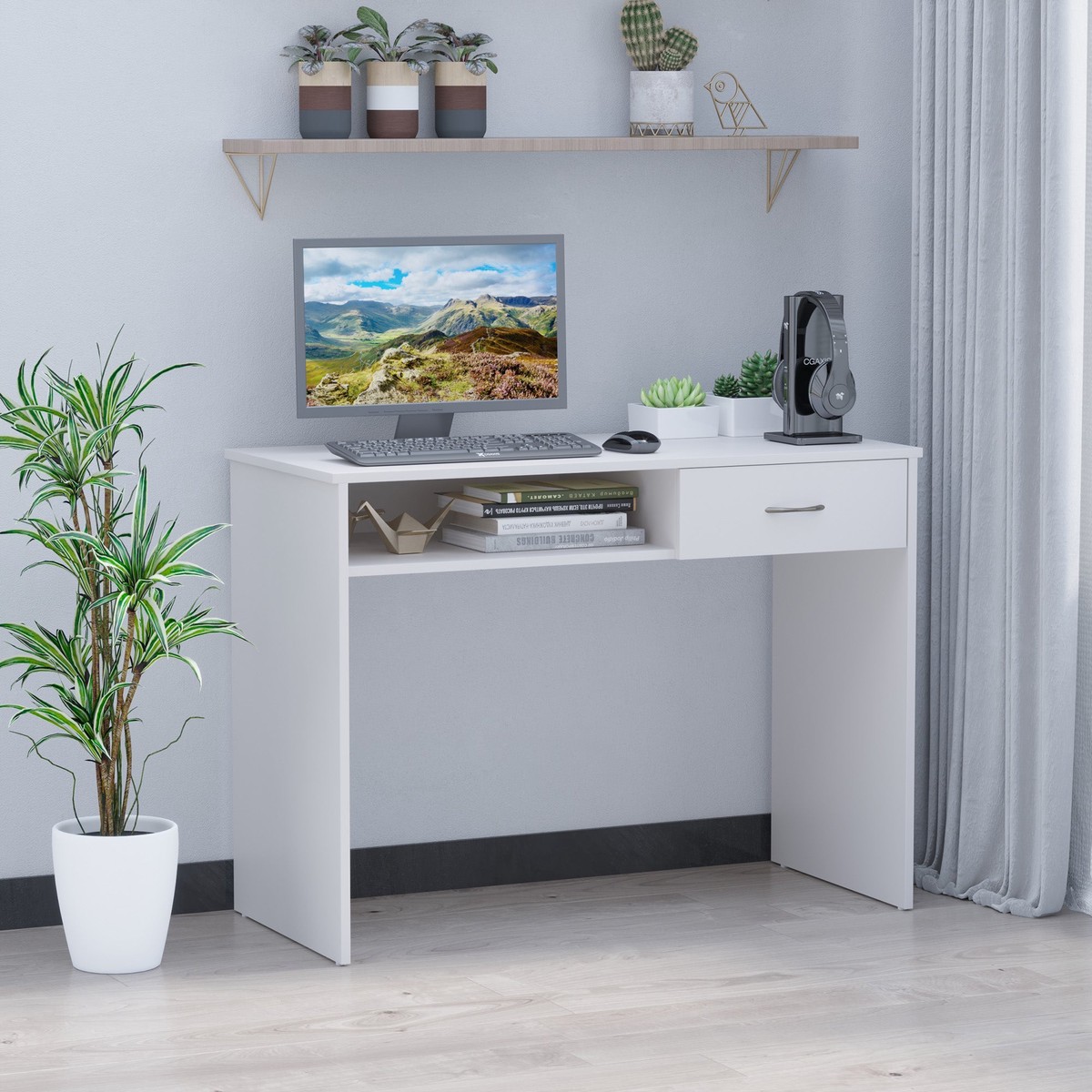 Compact Computer Desk Study Table with Drawer Storage White