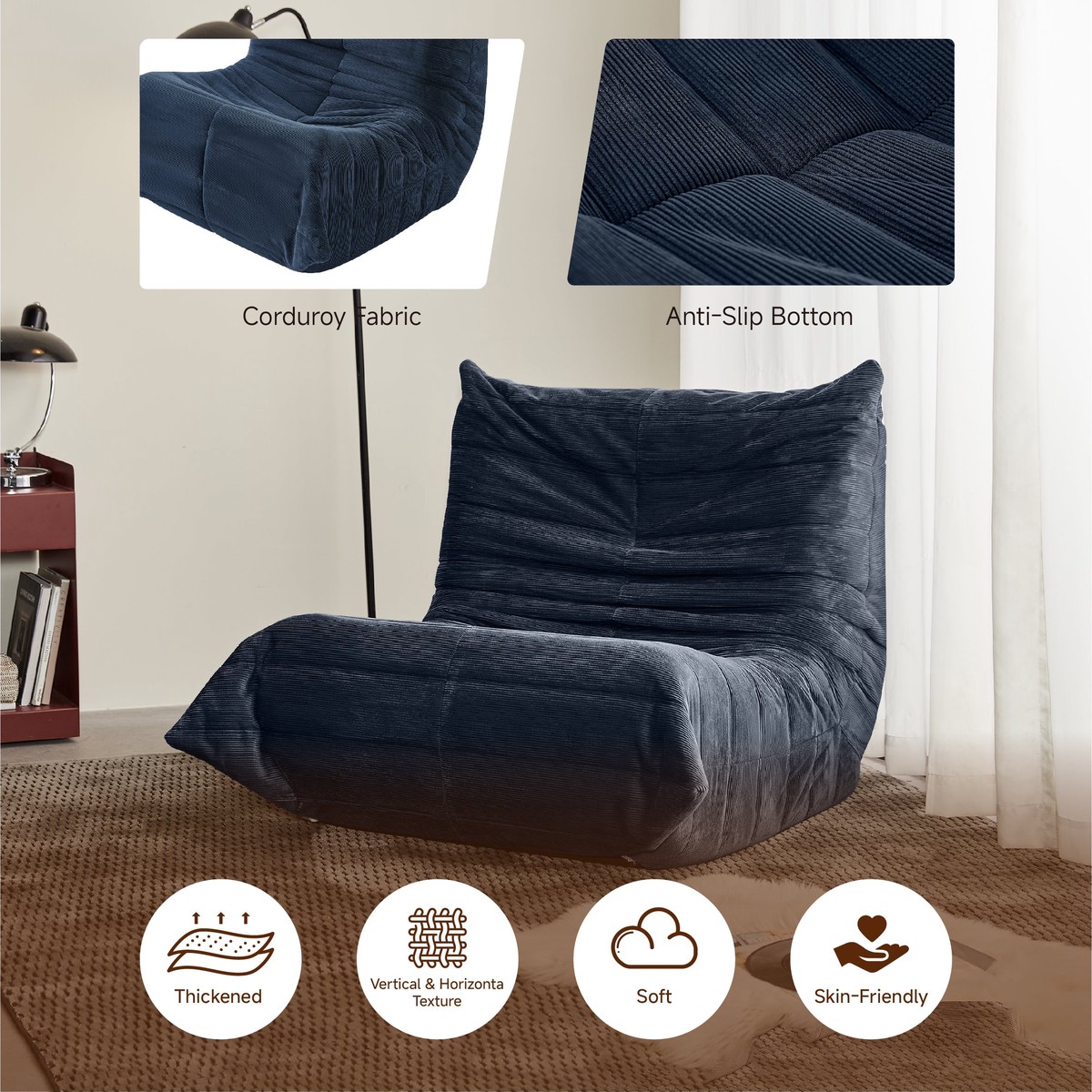 Corduroy Floor Chair, Ergonomic Multi-Purpose Sofa with Neck/Lumbar Support, Navy Blue