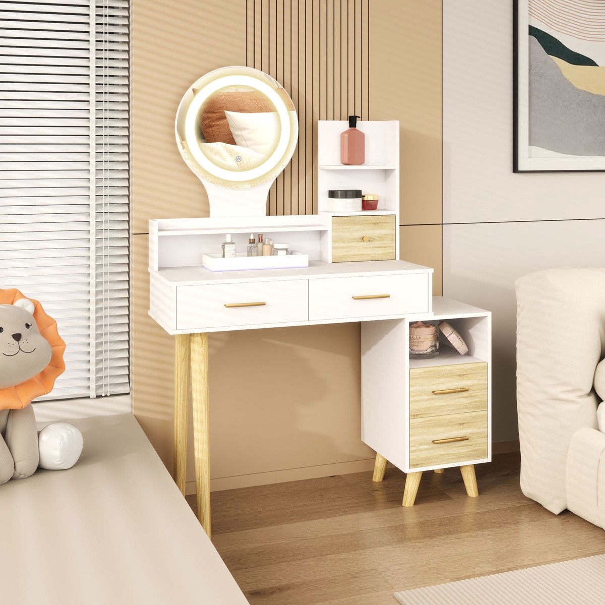 Elegant Dressing Table LED Mirror Integrated Storage White