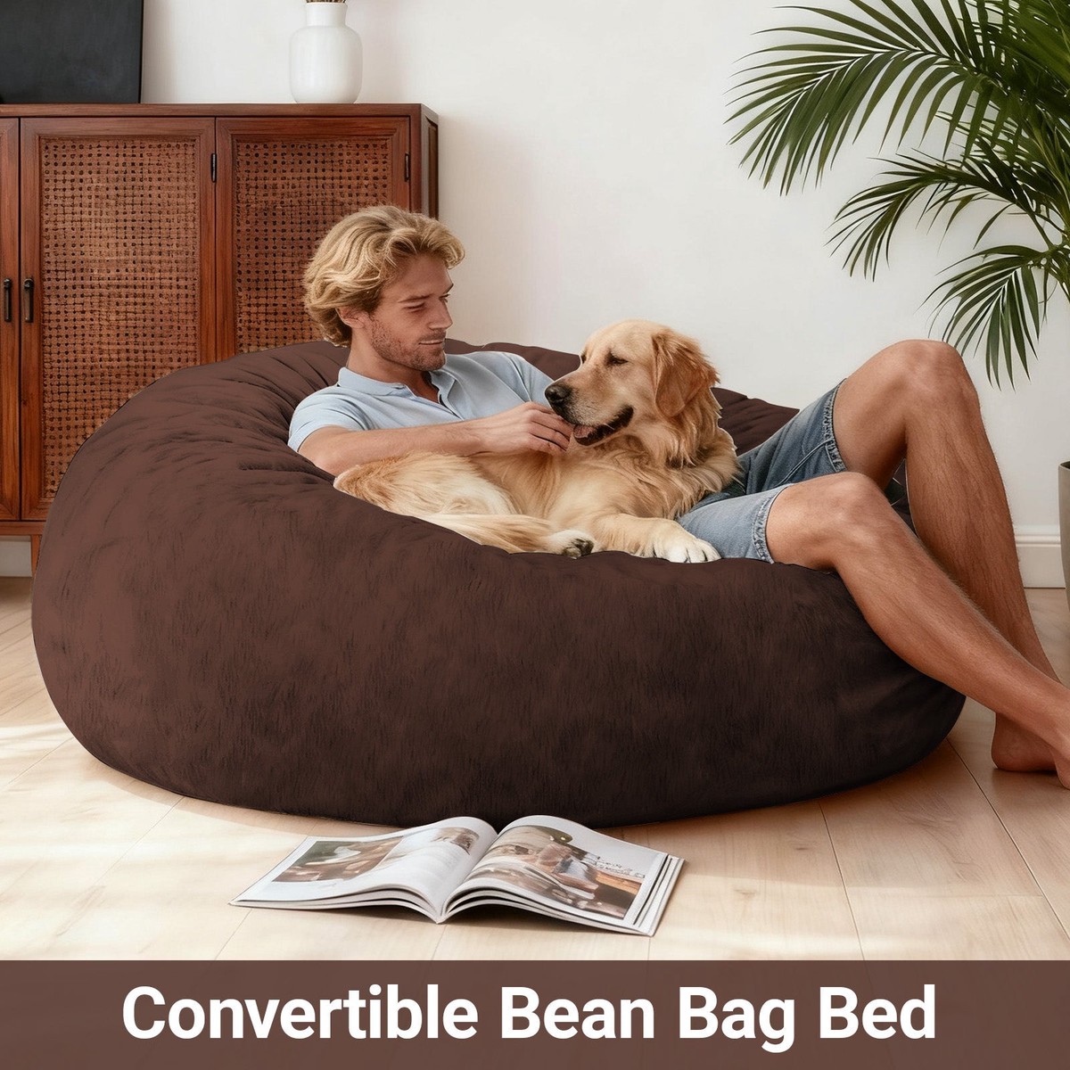 Giant Convertible Bean Bag Chair Bed 2-in-1 Sofa to Mattress with Large Side Pocket, Fluffy Velvet