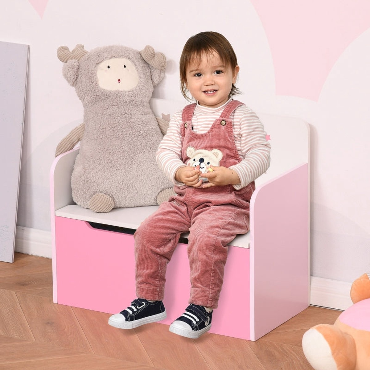 Kids Wooden Toy Box Storage Chest Bench Safety Hinge, Pink