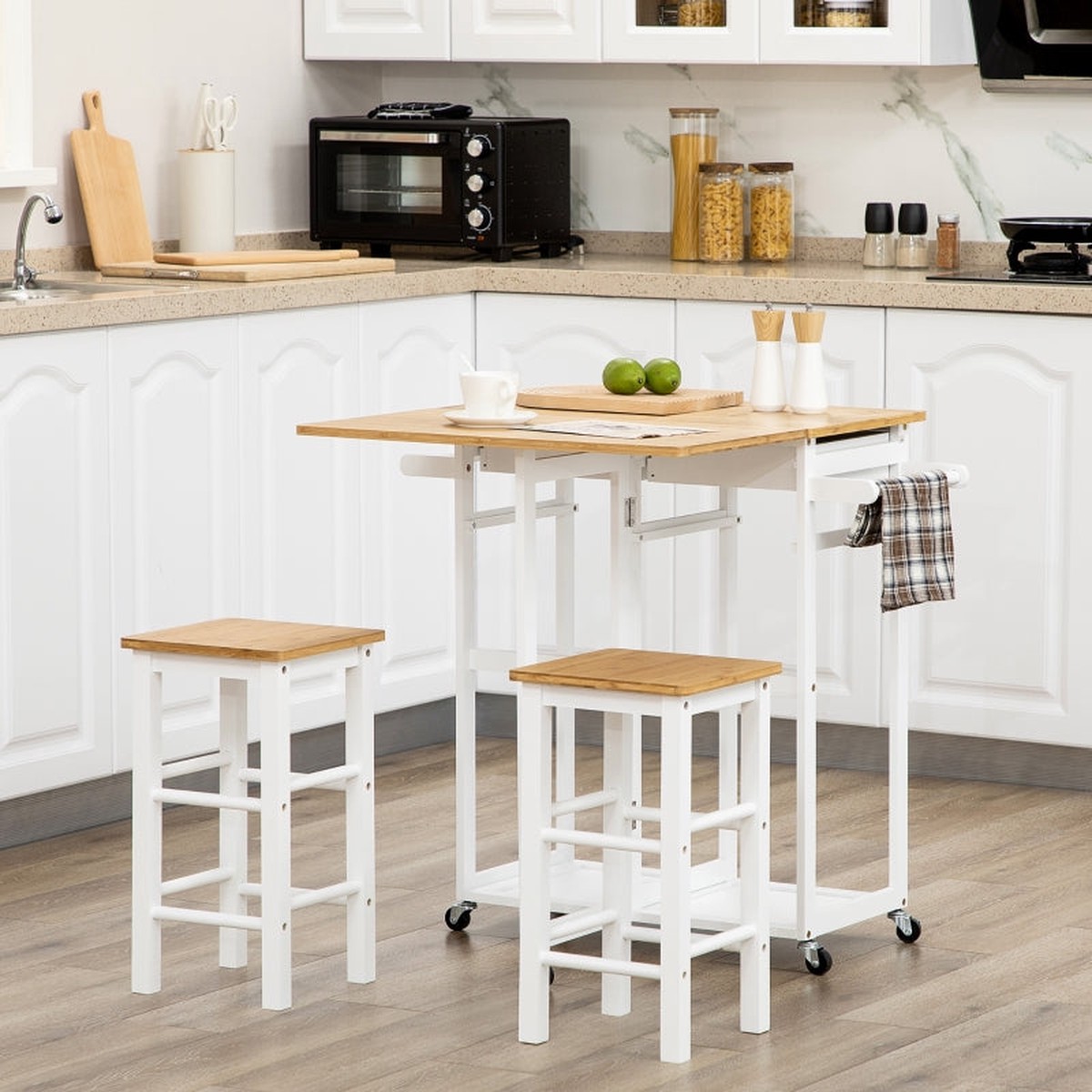 Kitchen Island Set with 2 Stools, Drop Leaf Top, Drawers & Towel Rack, Bamboo White