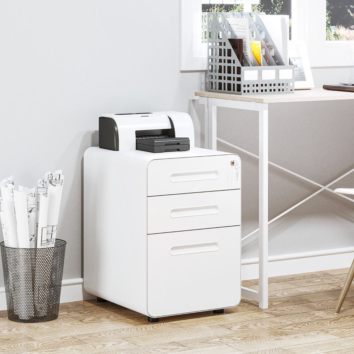 Lockable File Cabinet 3-Drawer Anti-tilt Pre-Assembled A4/Letter/Legal Steel White