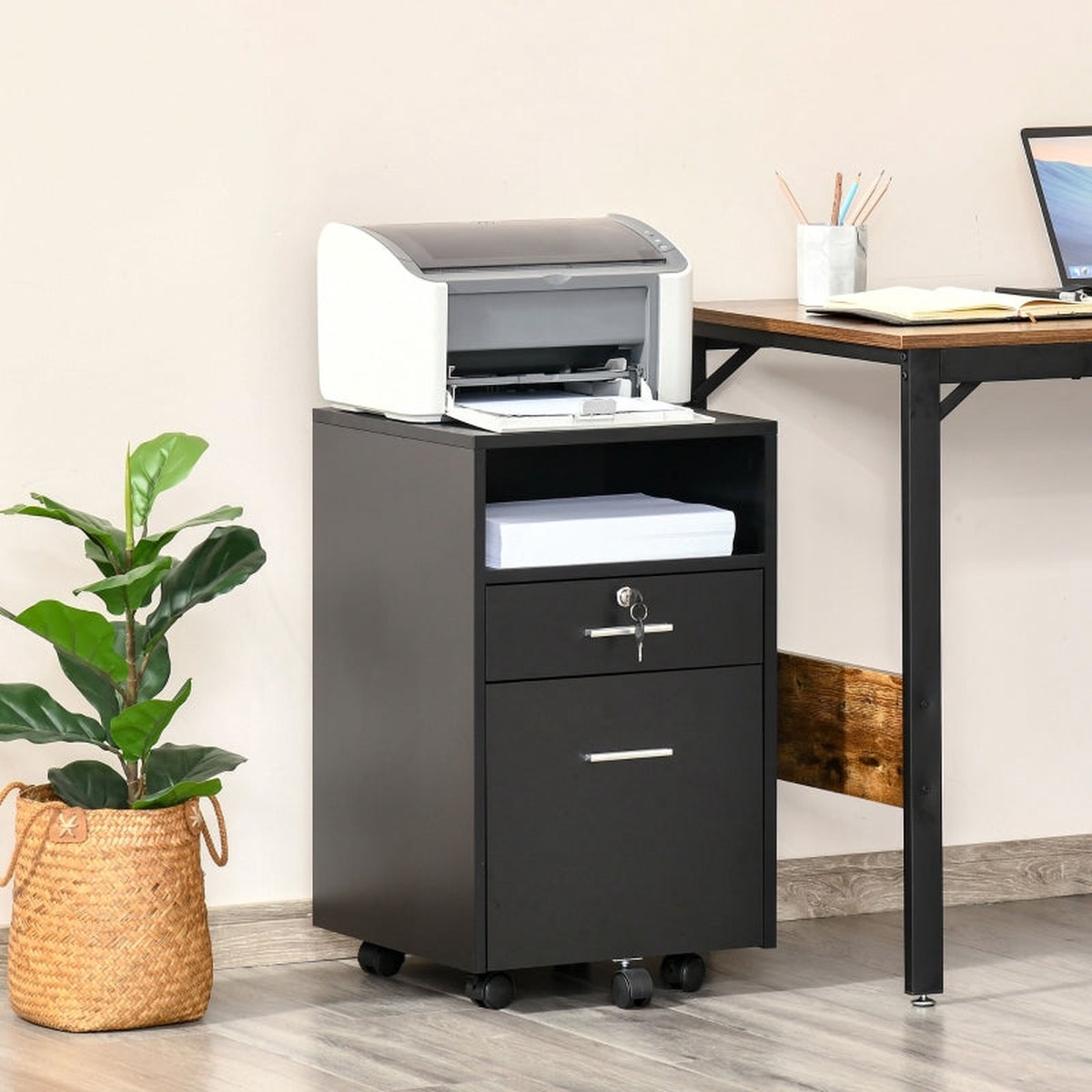 Lockable Two-Drawer Filing Cabinet with Wheels, Black Engineered Wood