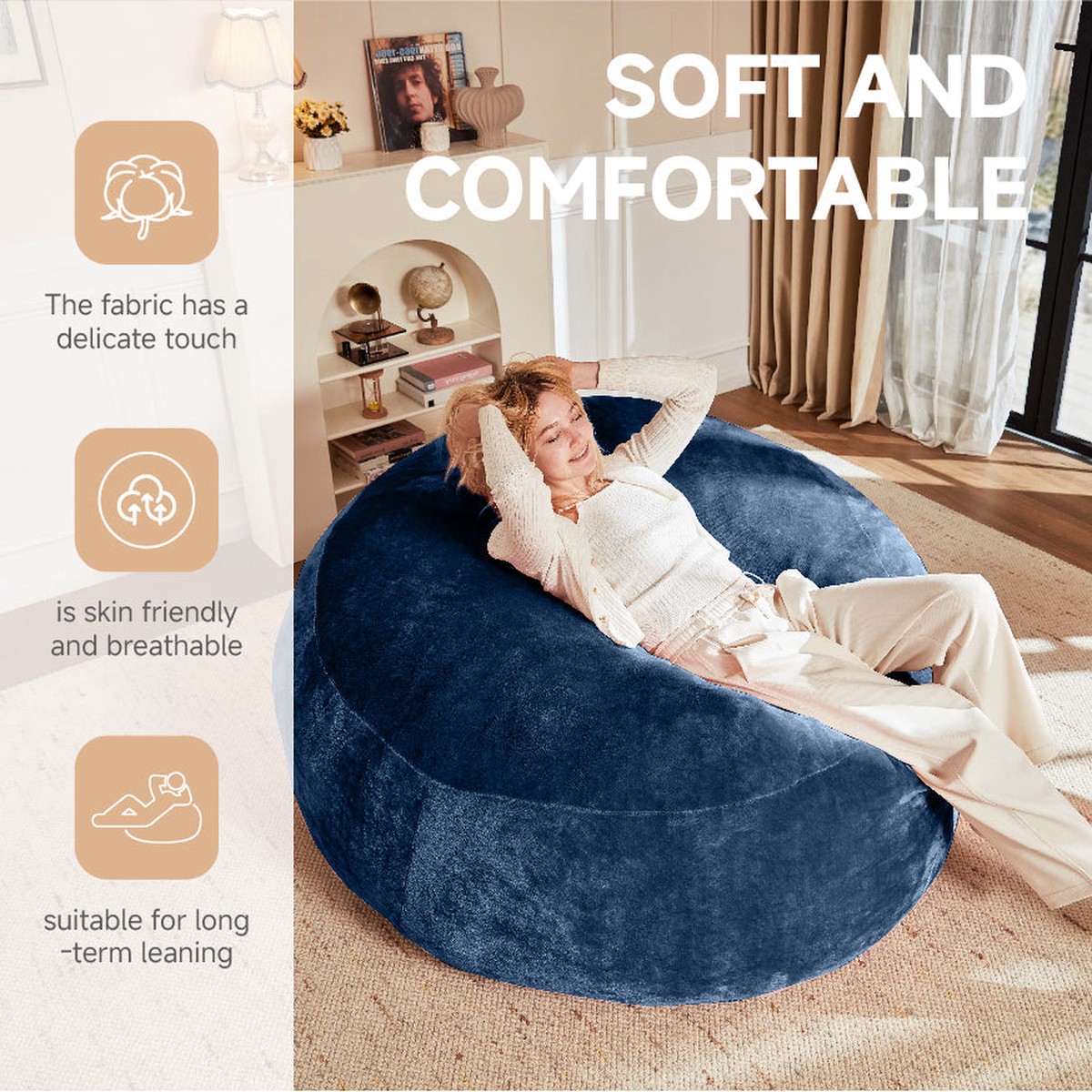 Medium 4-Foot Bean Bag Sofa Chair Soft Reading Lounger for Adults, Blue Flannelette