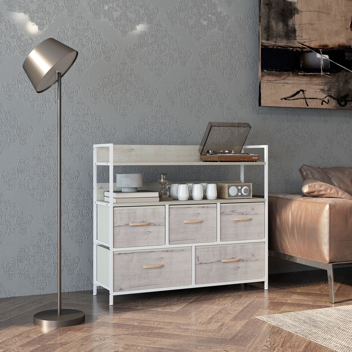 Rustic Chest of Drawers Five Fabric Drawers Natural