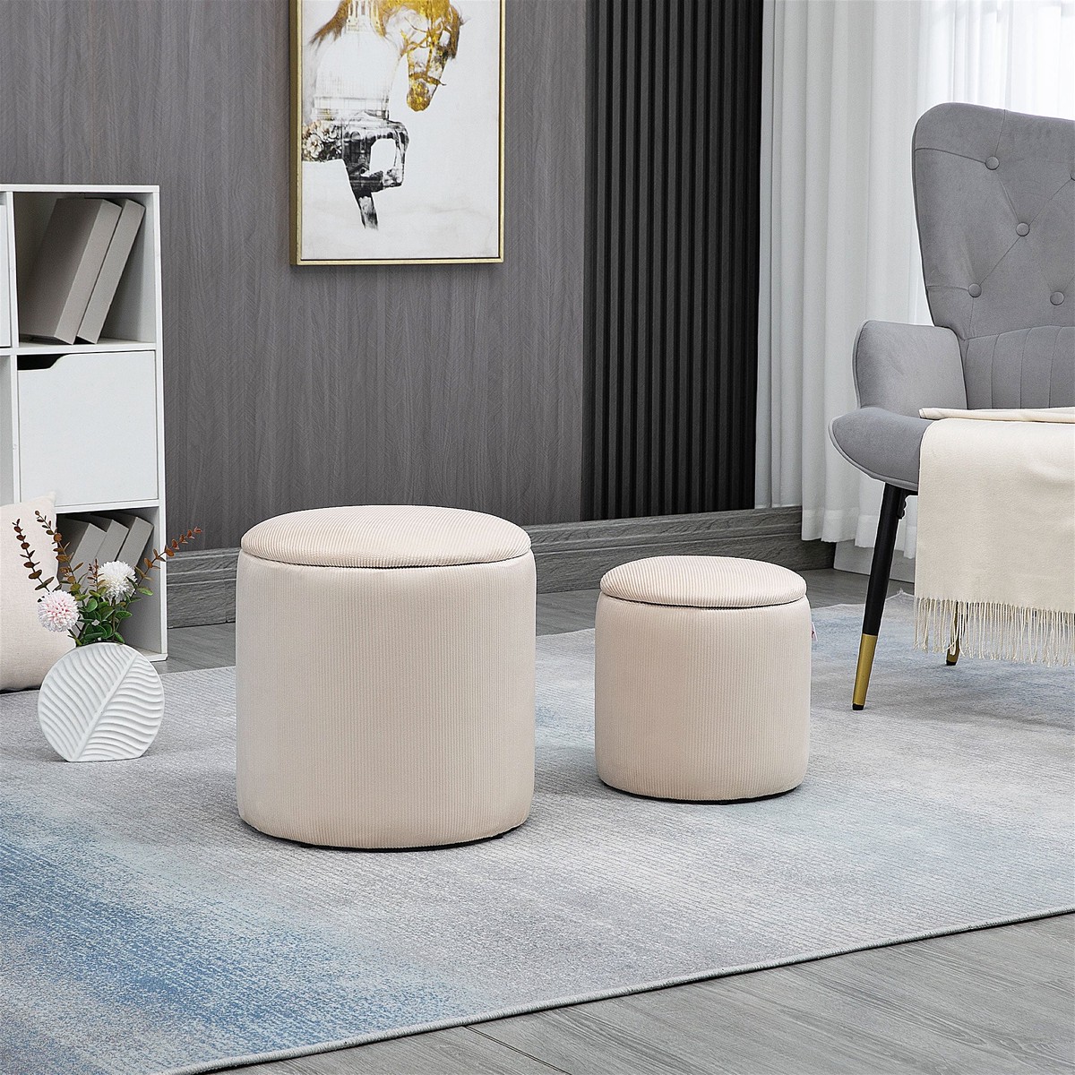 Set of 2 Round Ottoman with Storage Footrest Stool Fabric Cream White