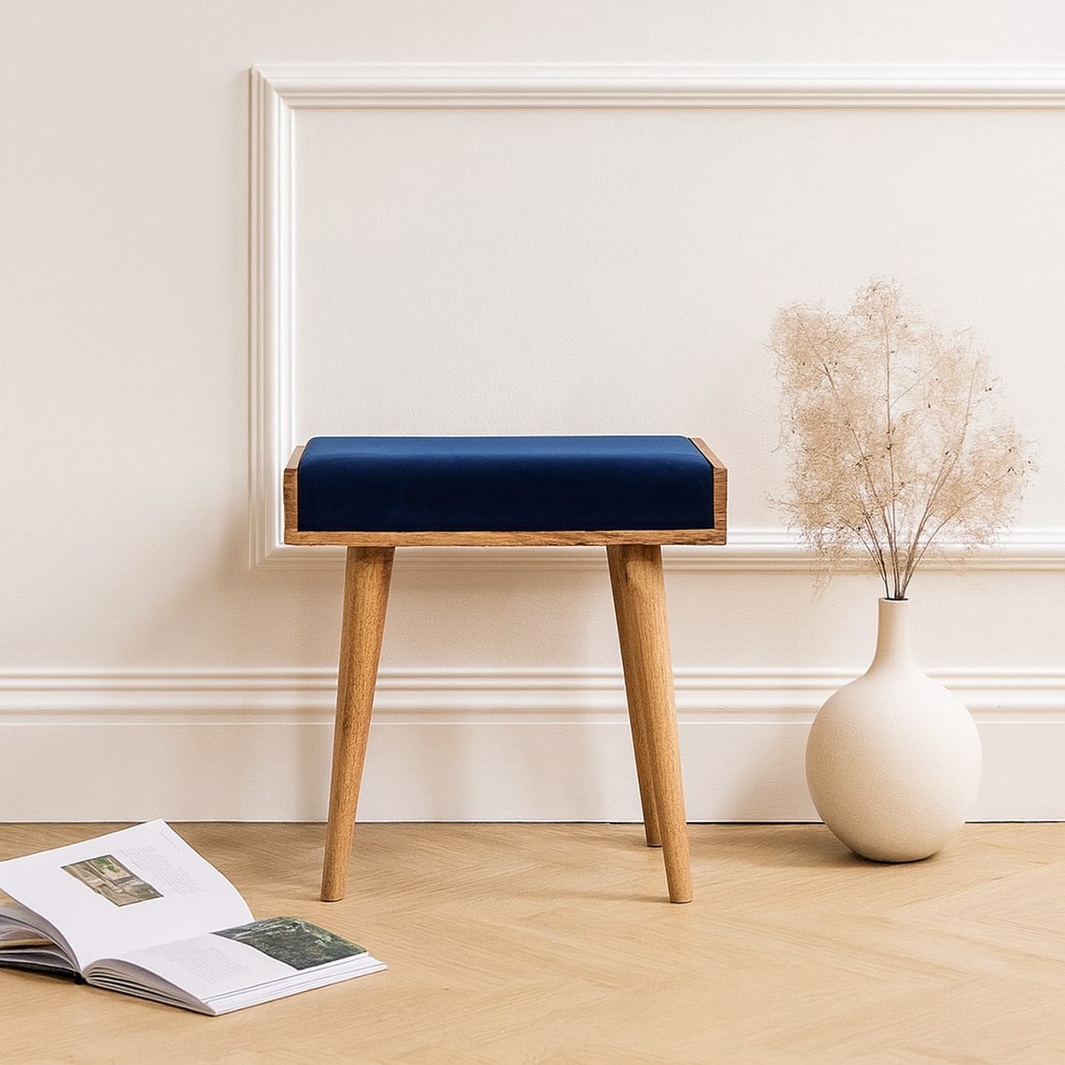Solid Wood Footstool Tray Upholstered, Royal Blue Velvet/Brown Wood