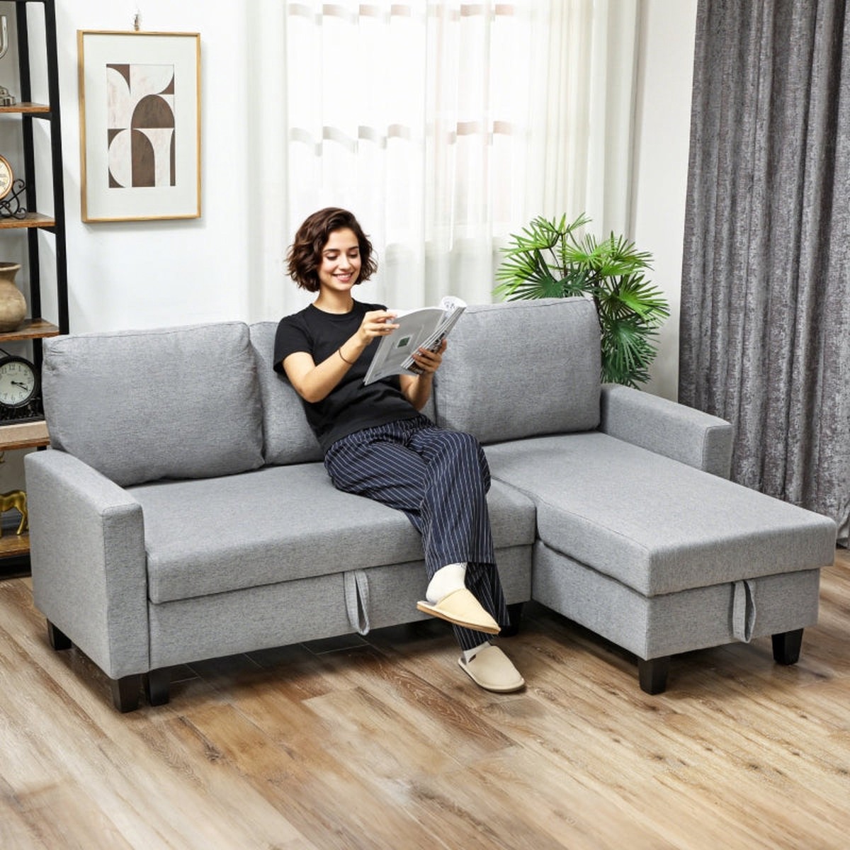 Three-Seater Storage Sofa Bed with Fold-Out Design, Grey