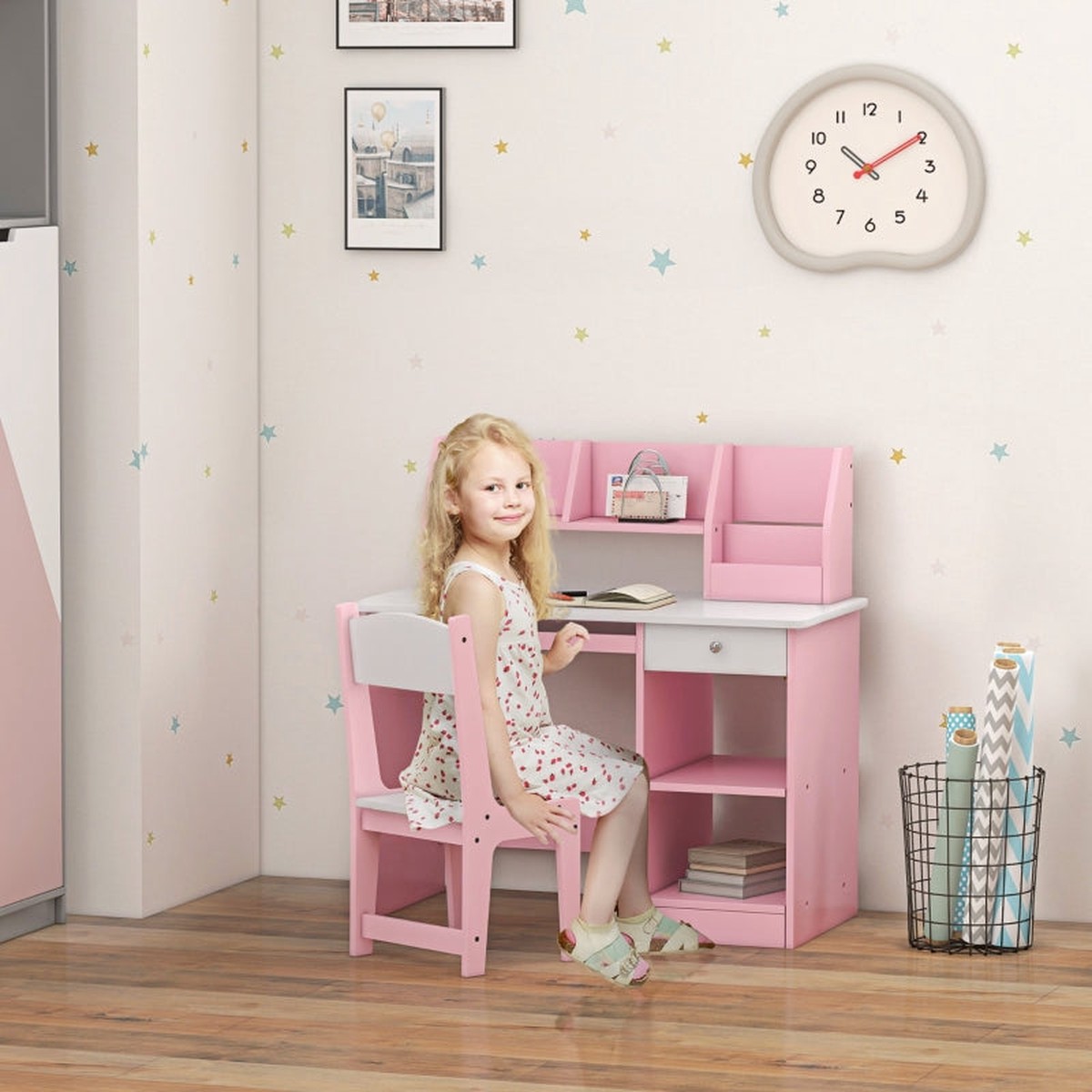 Two-Piece Kids Desk and Chair Set with Storage, Ages 5-8 Years - Pink