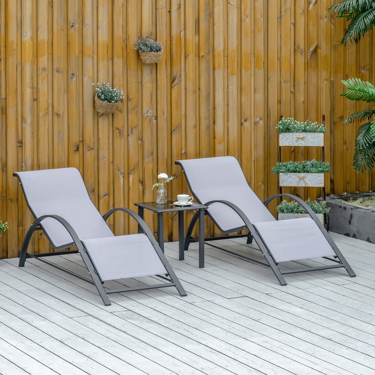 3 Pieces Lounge Chair Set Metal Frame Outdoor Recliner with Table, Light Grey