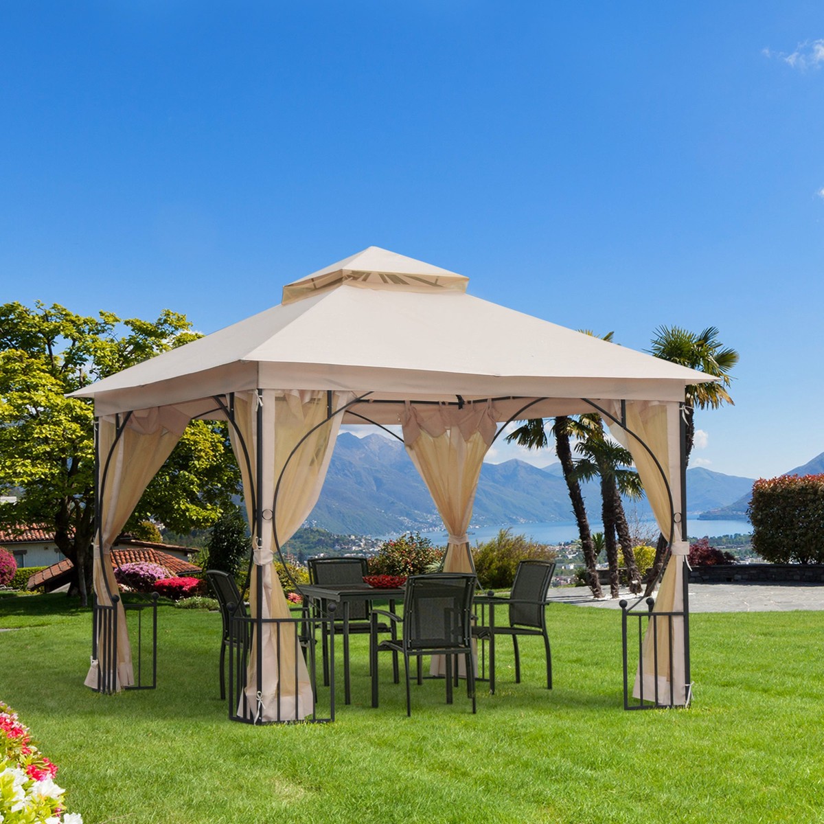 3x3m Garden Gazebo Double Tier Metal Frame Netting, Beige