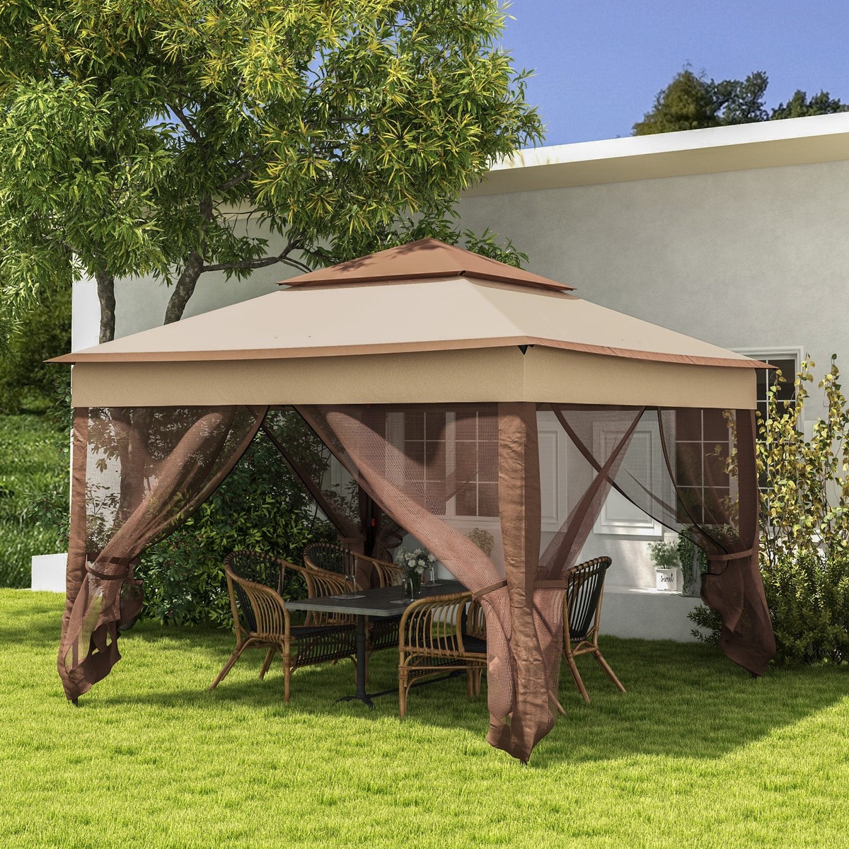 3x3m Pop Up Gazebo Double-roof Tent Netting Carry Bag Khaki