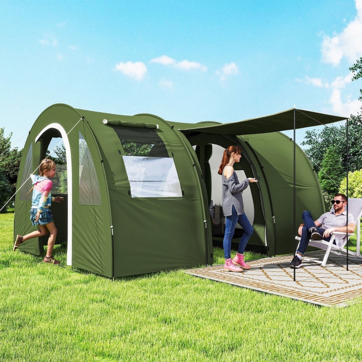 5-6 Man Camping Tent, 2 Room with Floor and Carry Bag, Green