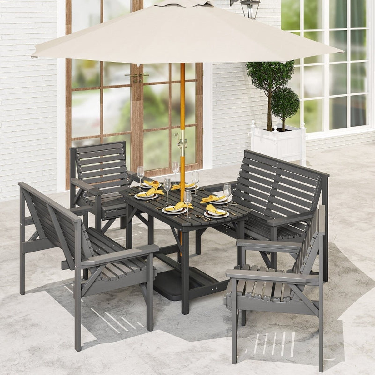 5 Piece Wooden Garden Dining Set, 6-Seater Outdoor Conversation Set with Umbrella Hole, Grey/Wood