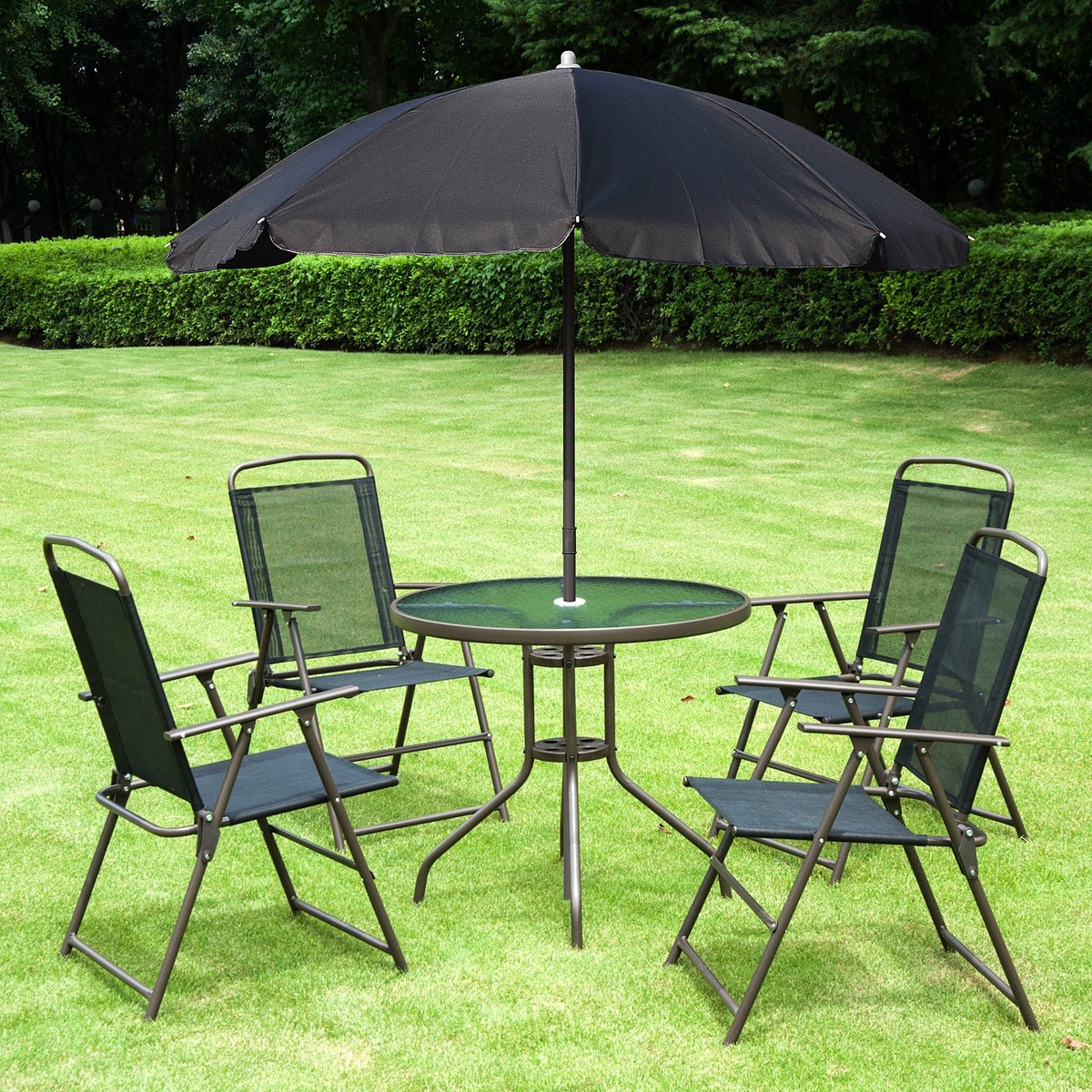 6 Piece Garden Dining Set with Umbrella, 4 Folding Chairs & Round Glass Table, Black