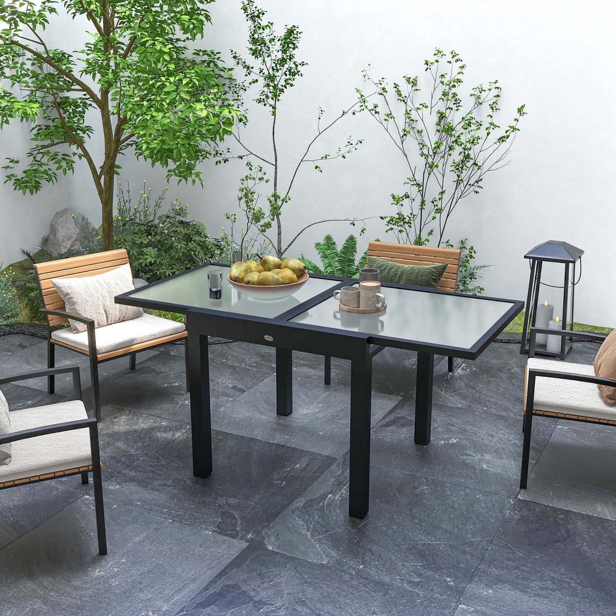 Extending Garden Table Outdoor Dining Tempered Glass Aluminium, Black and Clear