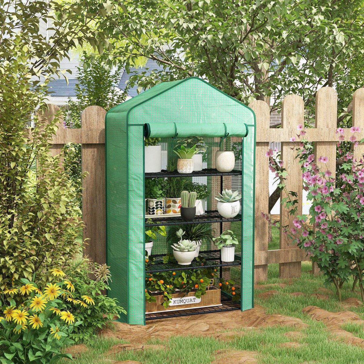 Four-Tier Mini Greenhouse Reinforced Plastic Cover Green