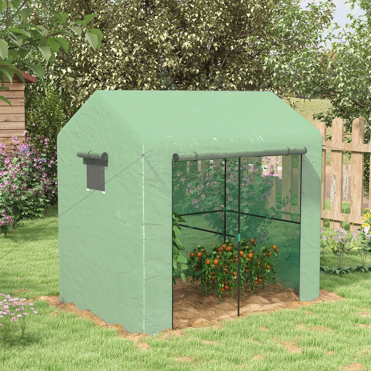 Greenhouse Walk-in Garden Grow House Roll-up Door Mesh Windows 200x140x200cm Green