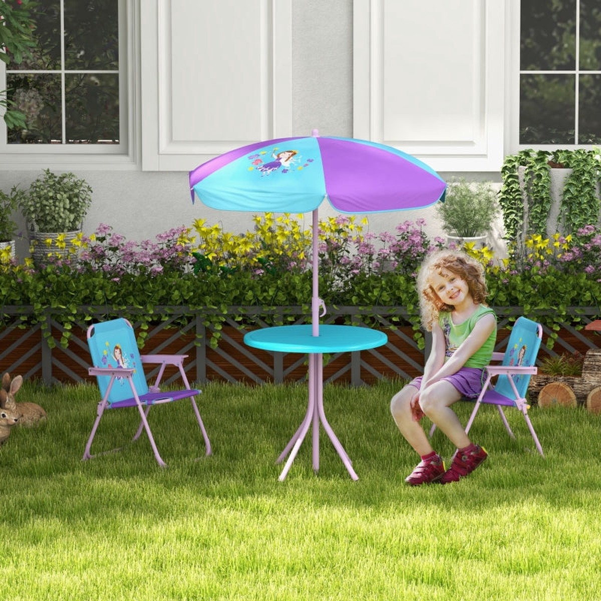 Kids Picnic Table and Chair Set, Fairy Themed w/ Foldable Chairs & Adjustable Parasol, Blue Steel